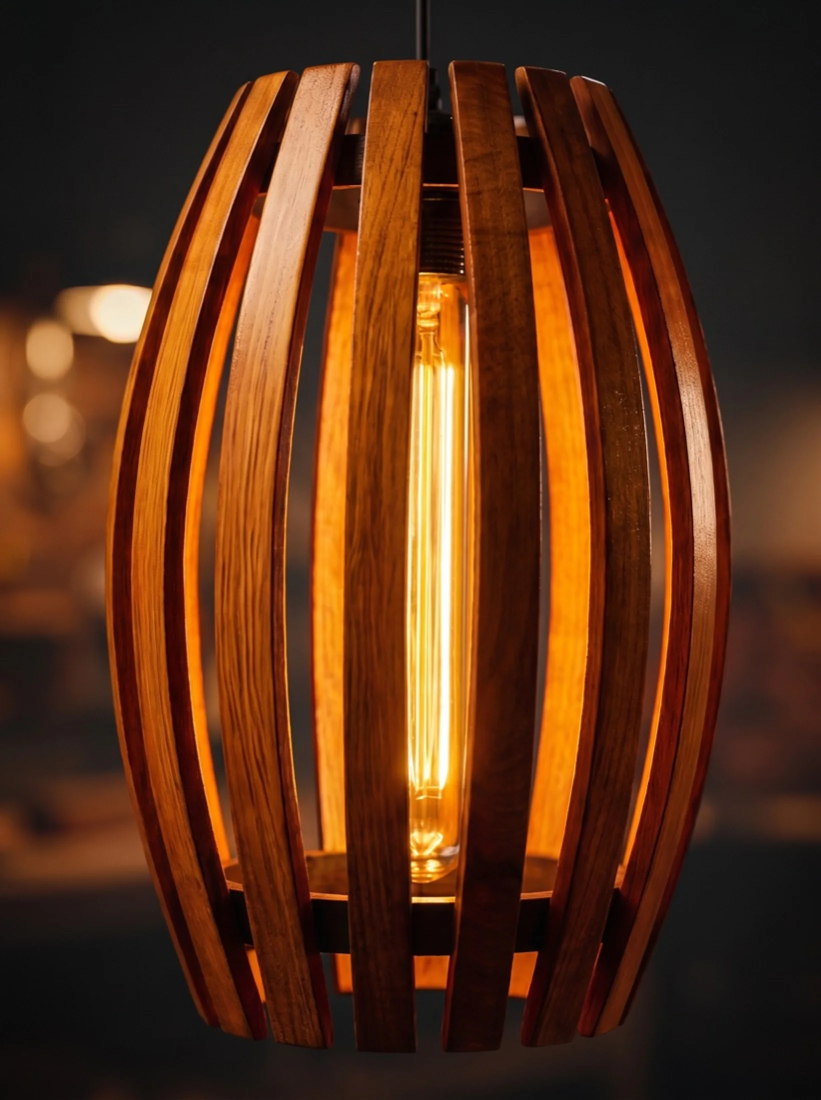 A finished barrel-stave pendant, lit, hanging in the workshop