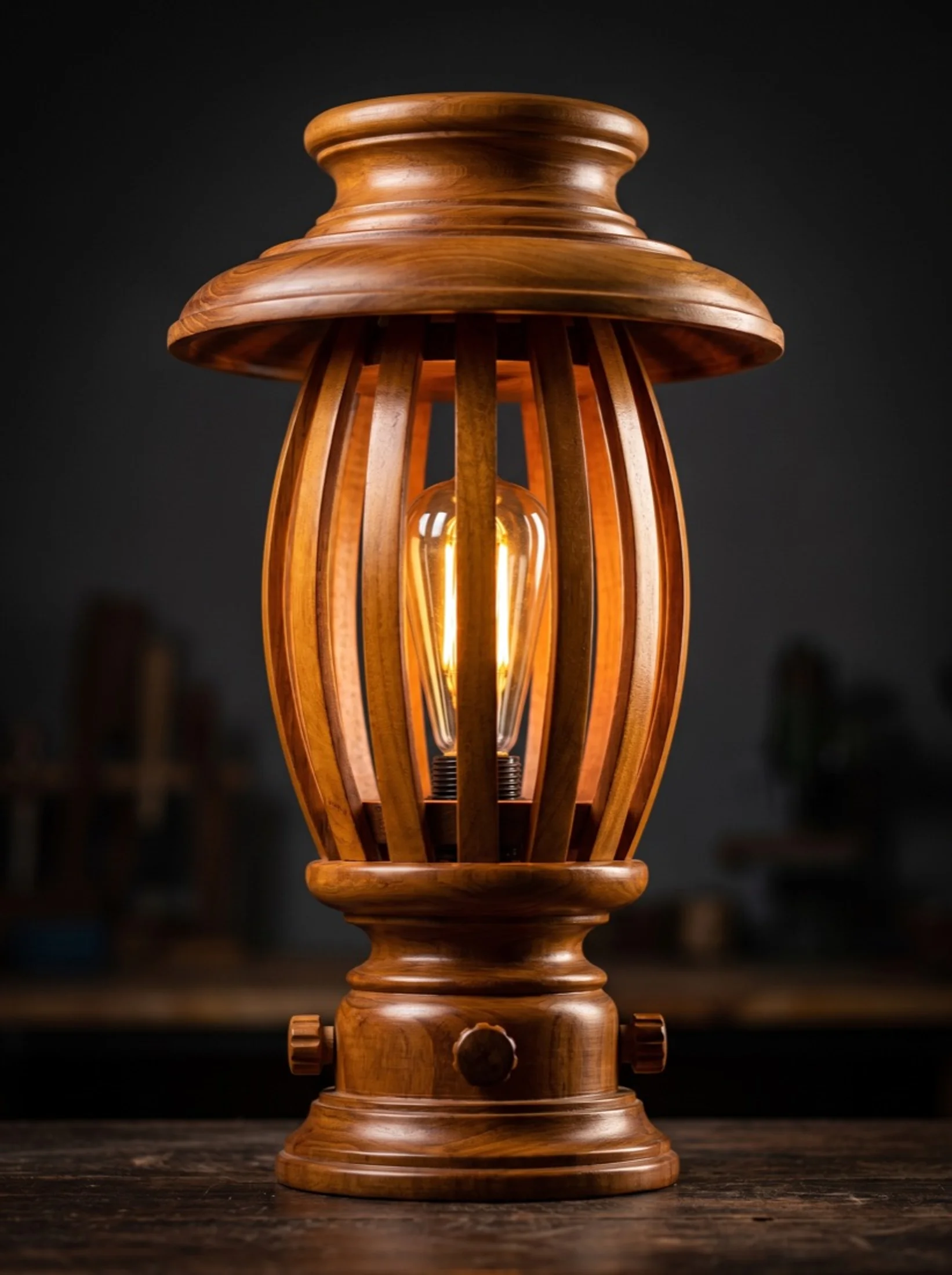 A classic lantern turned in solid teak, lit