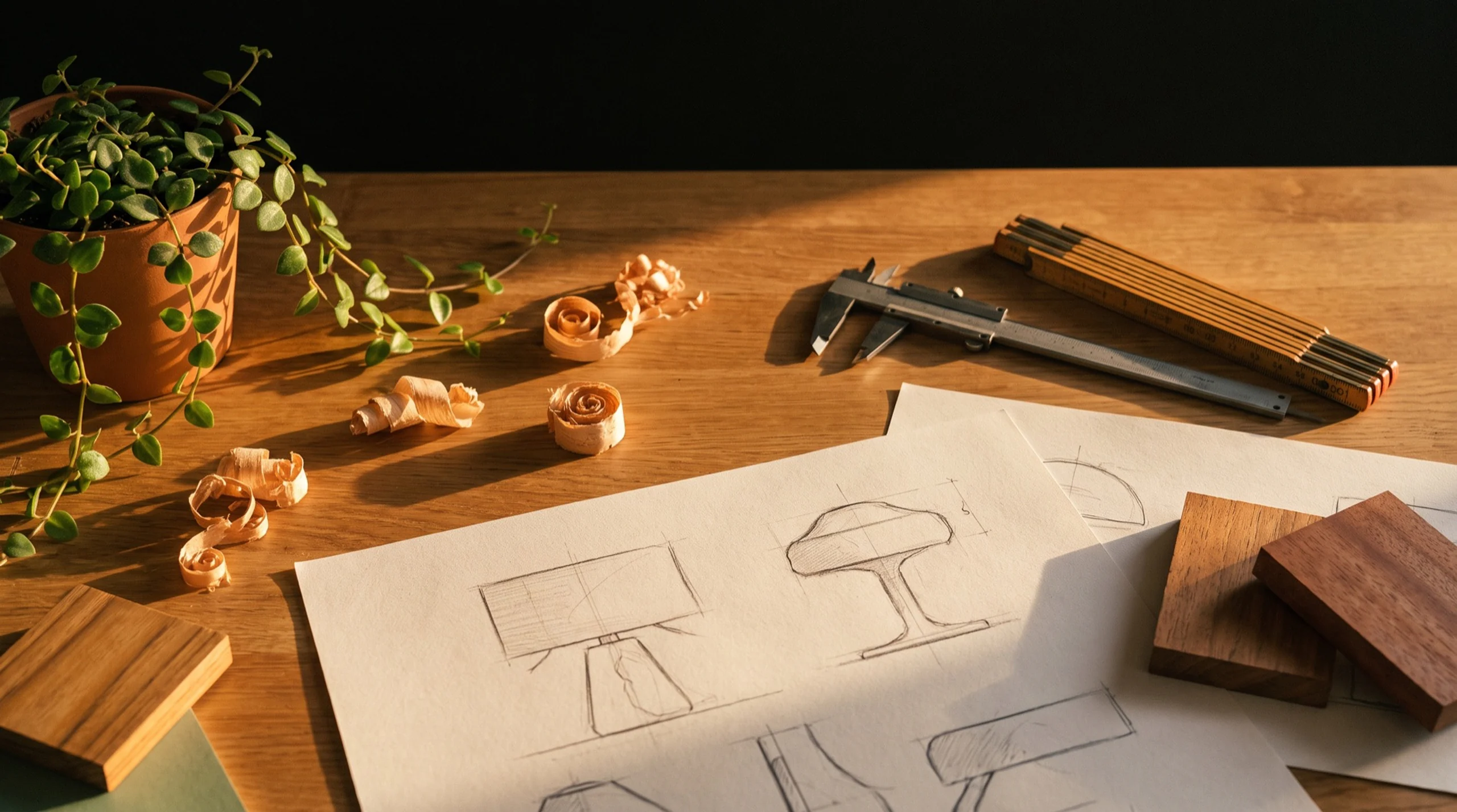 A designer's bench with lamp sketches, wood samples and tools