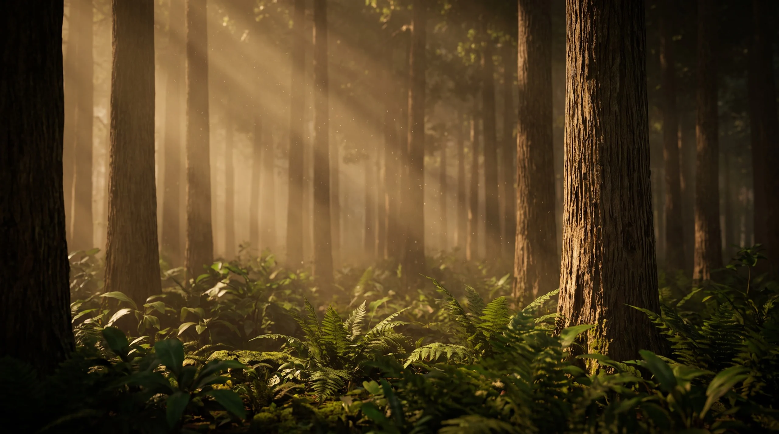 Teak forest at dawn, sunlight between the trunks