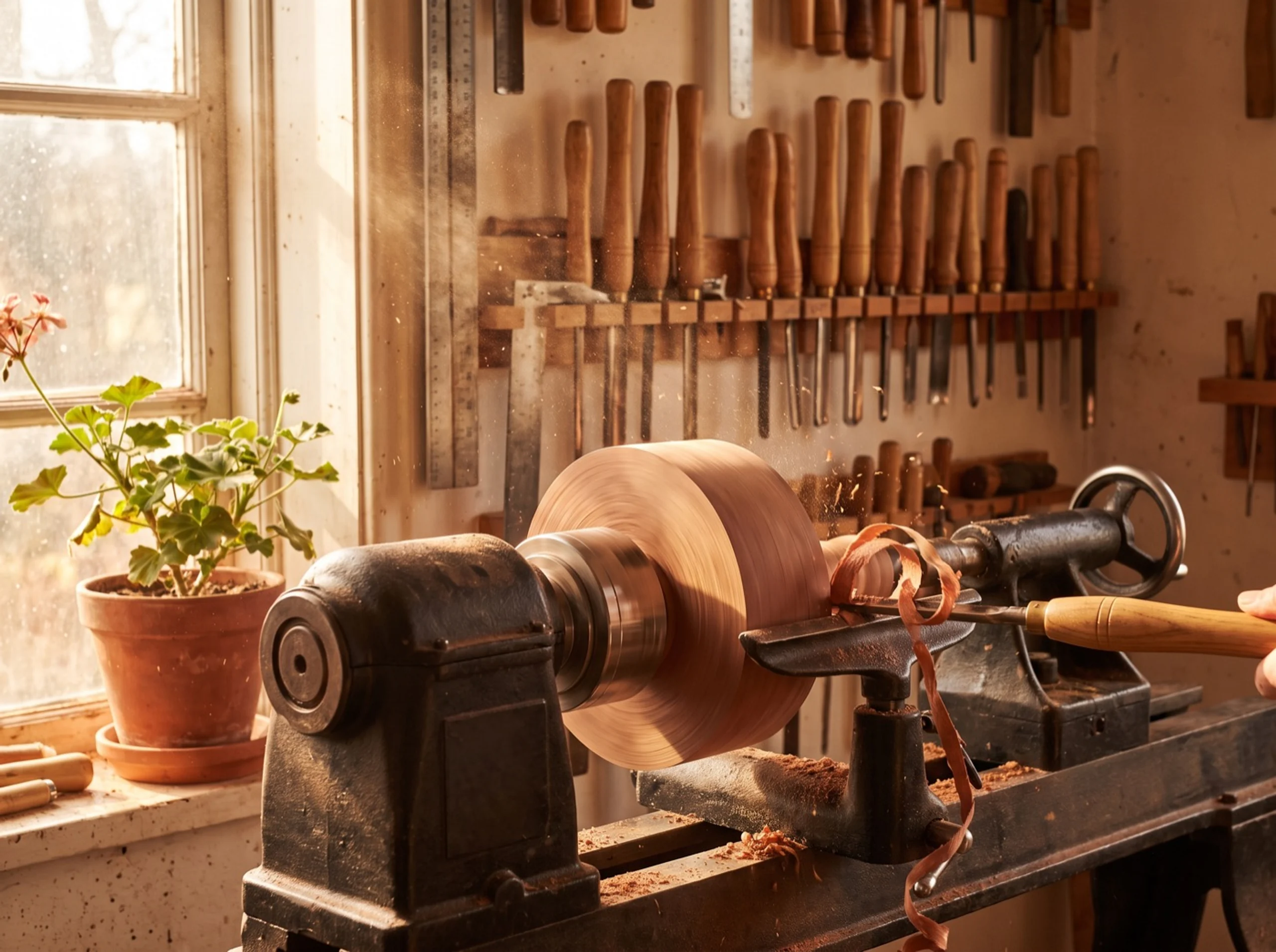 A mahogany blank turning on the lathe