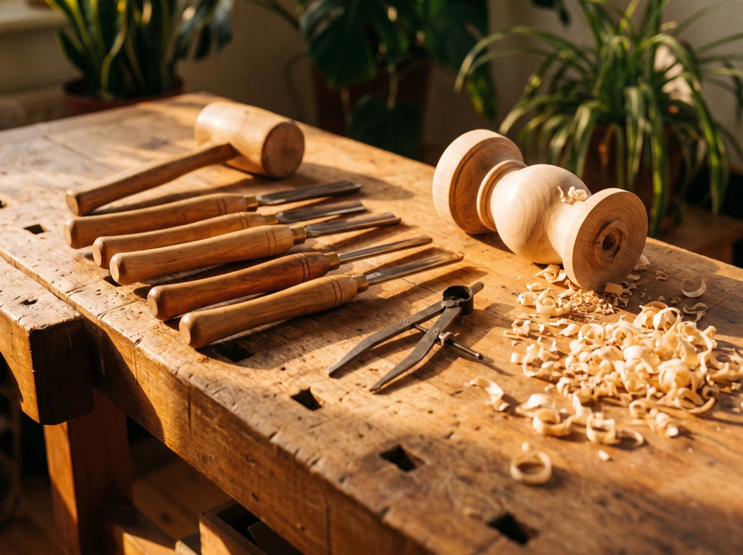 Turning gouges, calipers and a mallet beside a half-finished lamp body