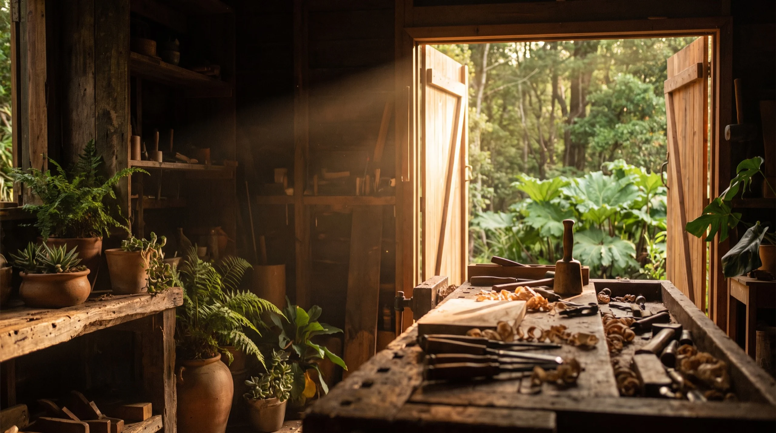 The workshop at golden hour, open to the forest